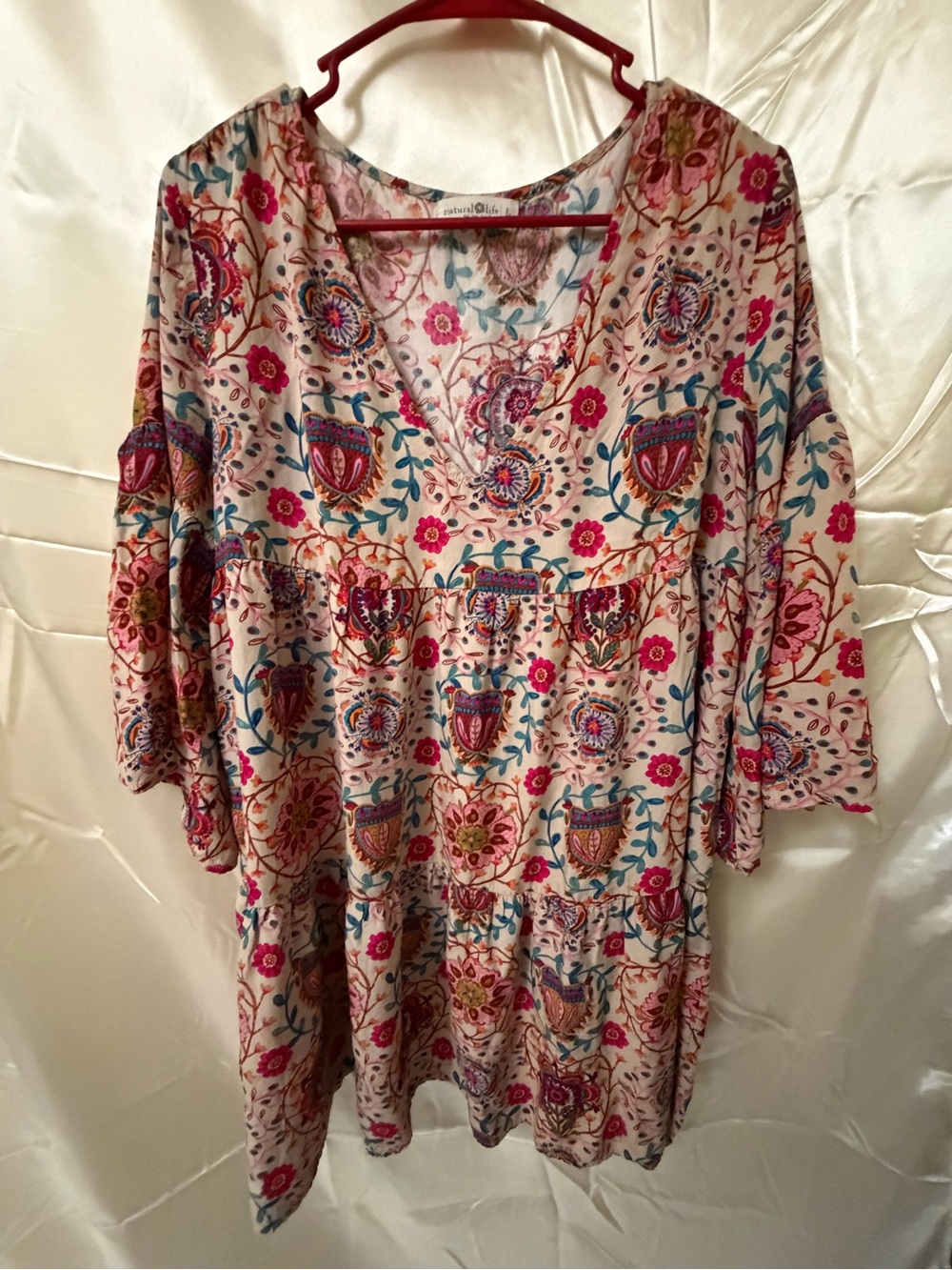 Natural Life Floral Boho Tiered Tunic Dress L Bell Sleeve Rayon Cottagecore